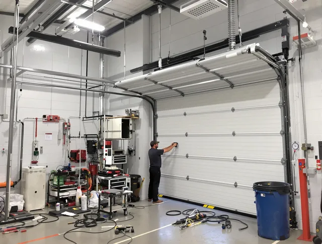 Bridgeport Garage Door Repair certified technician performing commercial door repair at a Bridgeport business facility