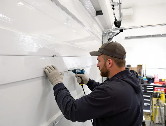 Bridgeport Garage Door Repair technician demonstrating precision dent removal techniques on a Bridgeport garage door