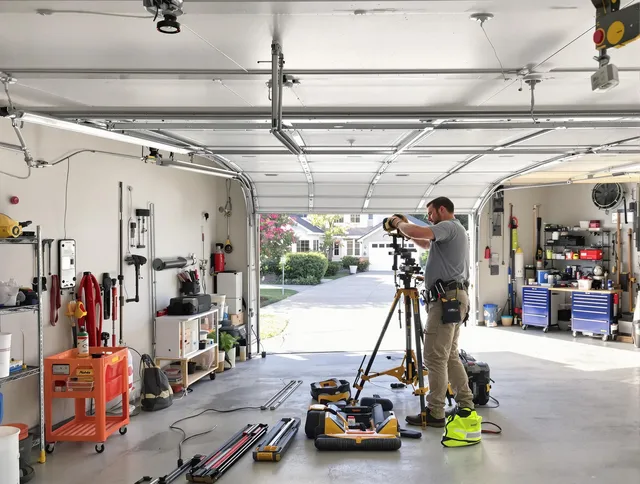 Bridgeport Garage Door Repair specialist performing laser-guided track alignment in Bridgeport
